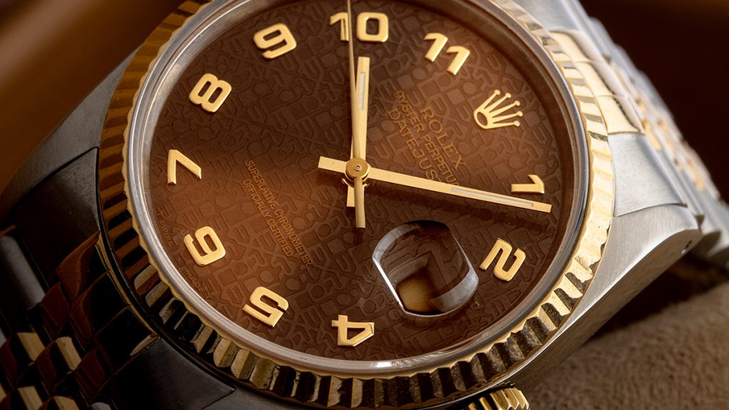 Zifferblatt mit Rolex-Schriftzug, Datejust Schokobraun